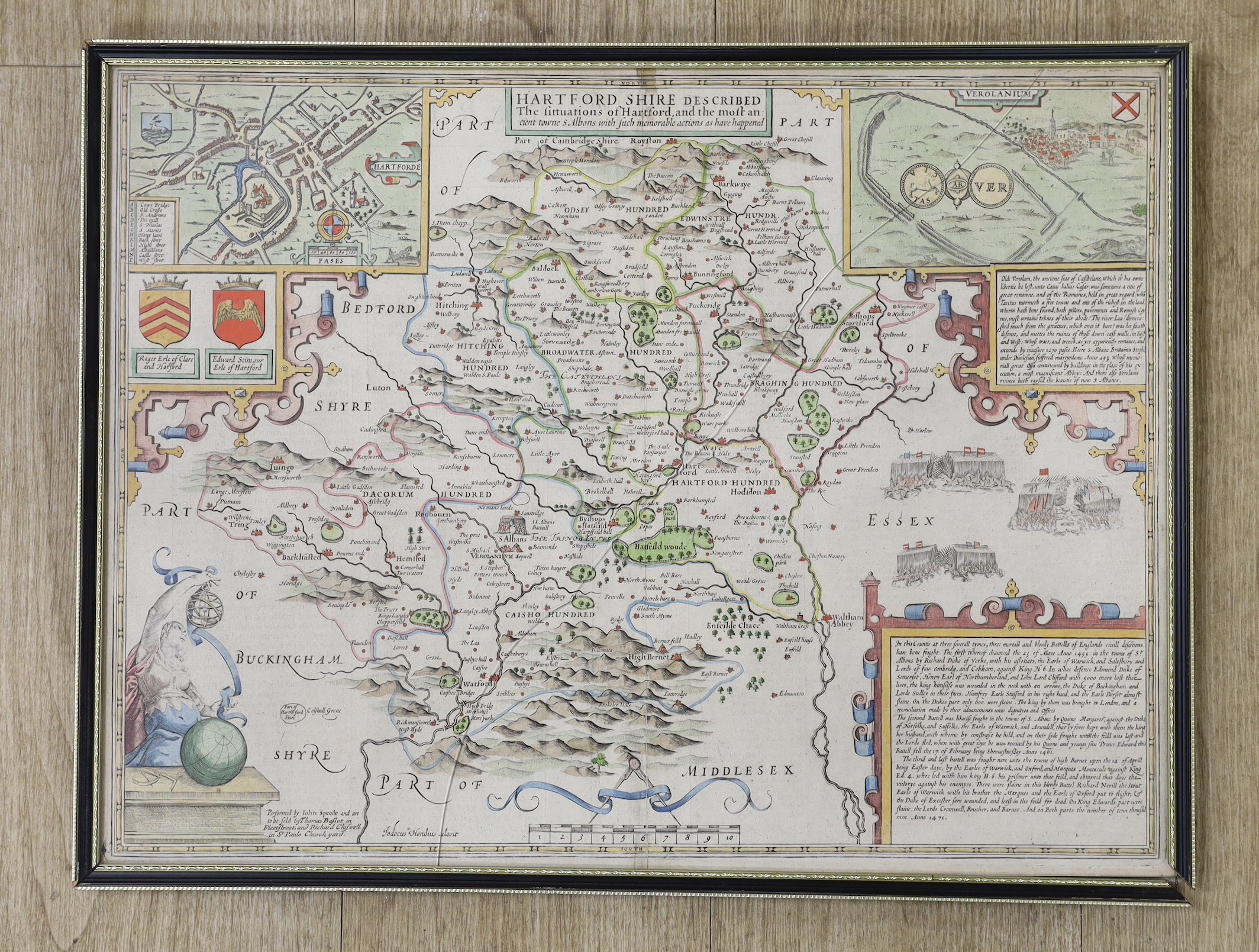 John Speede, coloured engraving, map of Hertfordshire, 39 x 50cm